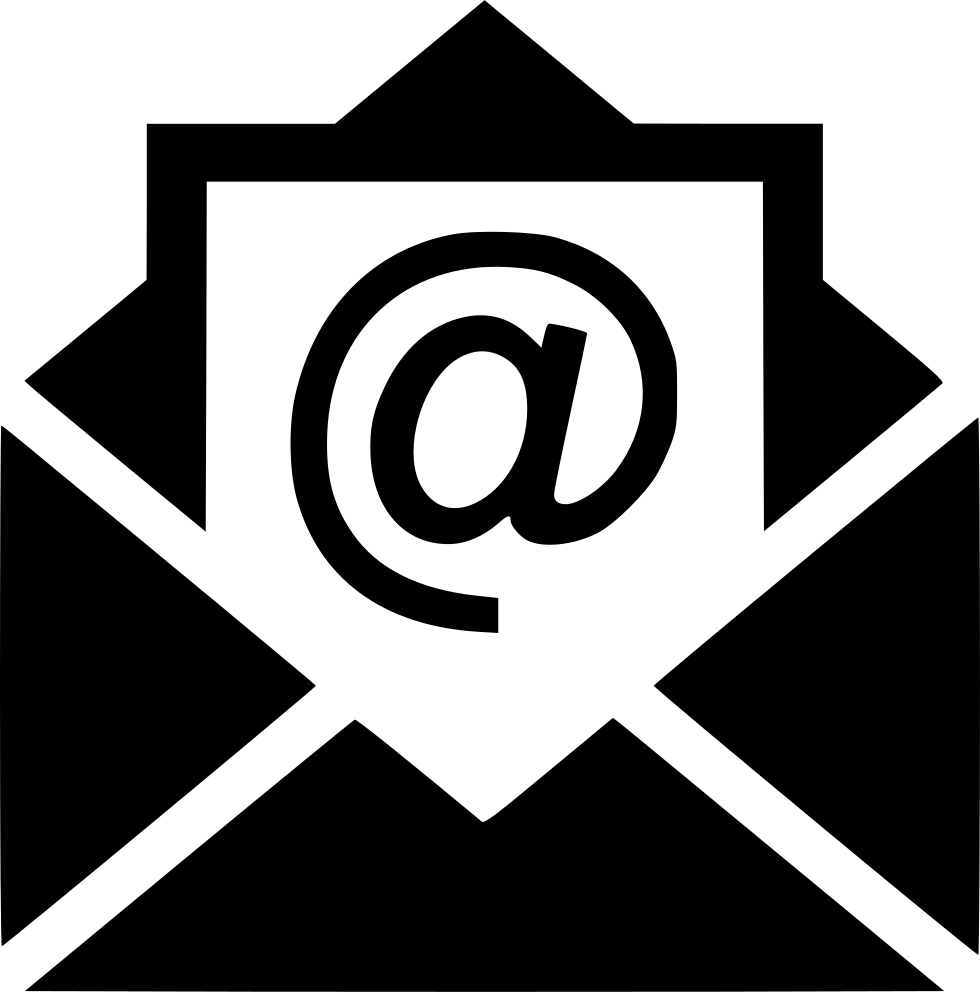 Black and white icon of an open envelope with an @ symbol emerging from it.