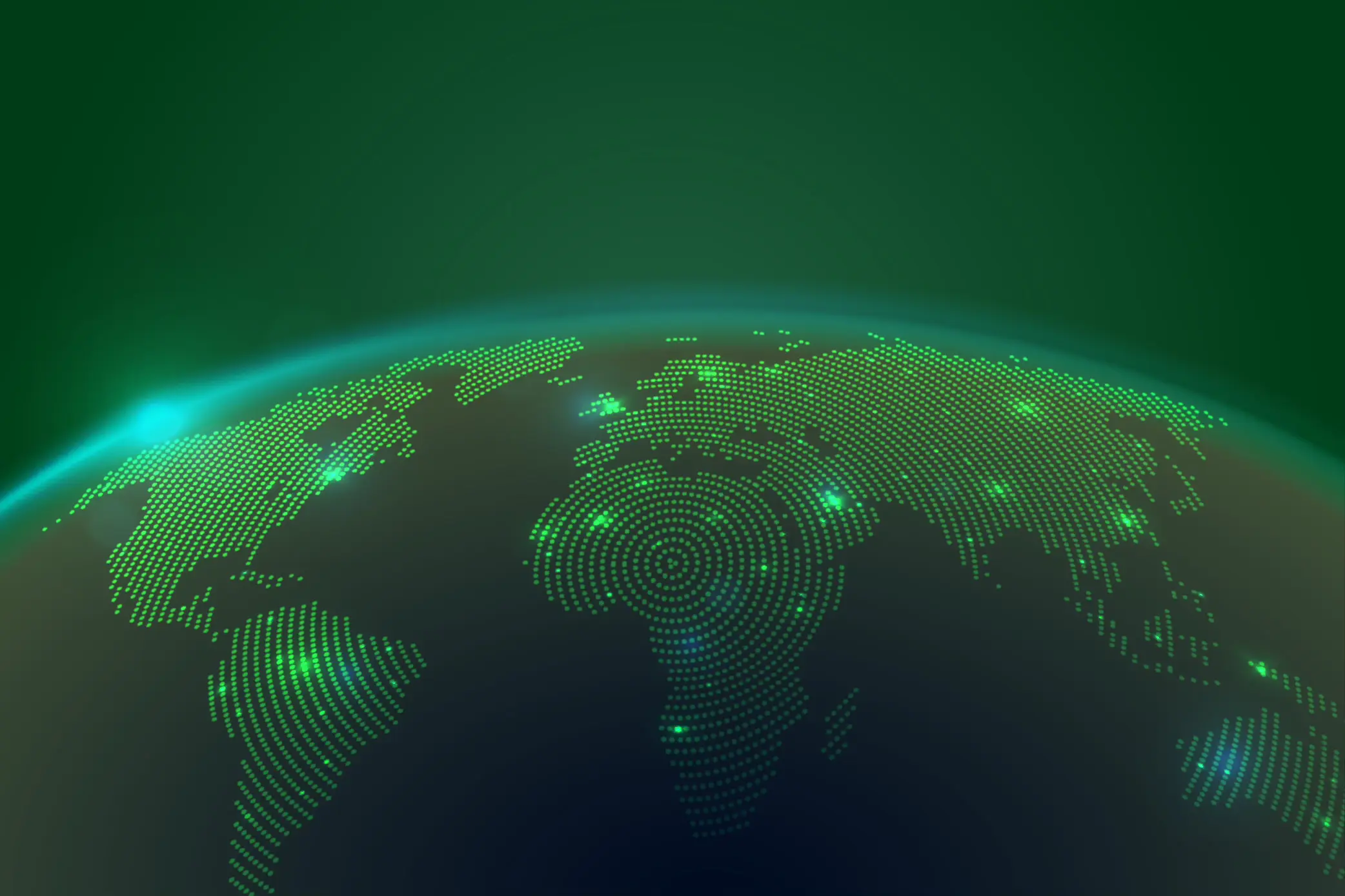 Digital glowing green dot map of the world showing continents on a dark curved surface.