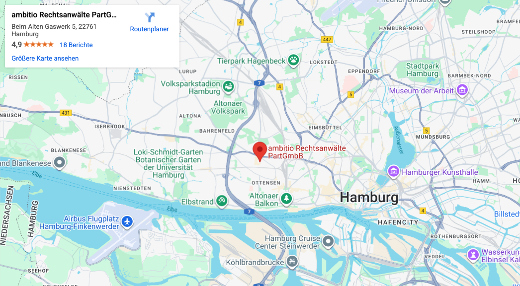 Karte von Hamburg mit Markierung der Lage von ambitio Rechtsanwälte PartGmbB in der Nähe von Ottensen.