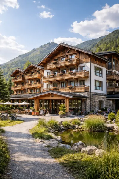 Alpine luxury resort architecture with traditional wooden balconies surrounded by mountains and green landscape