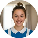 Friendly female housekeeper in uniform posing in a hotel environment