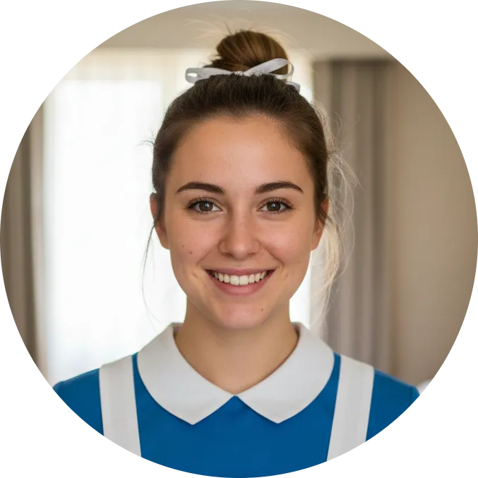 Friendly female housekeeper in uniform posing in a hotel environment