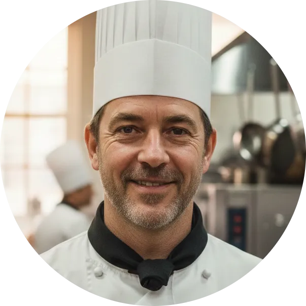 Professional chef in white uniform smiling in a modern hotel kitchen
