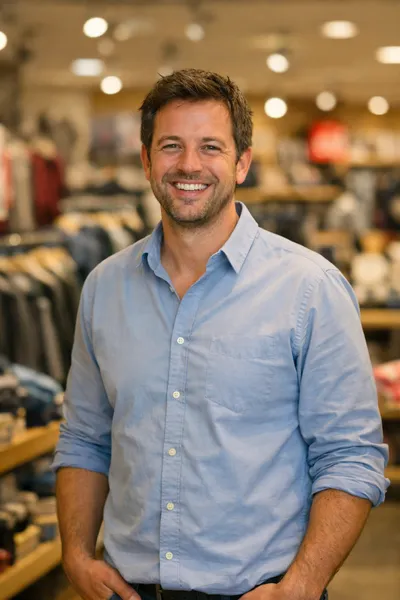Professional male store manager in business casual attire, smiling and representing leadership in a retail environment.
