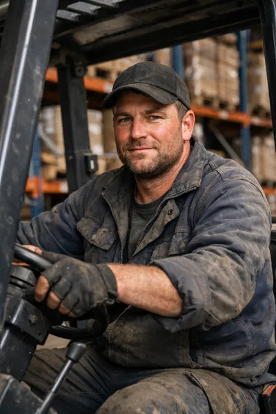 Experienced male forklift driver in a warehouse environment, ensuring safe goods transport.