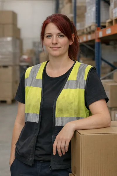 Skilled female warehouse worker in professional workwear, handling inventory management tasks.