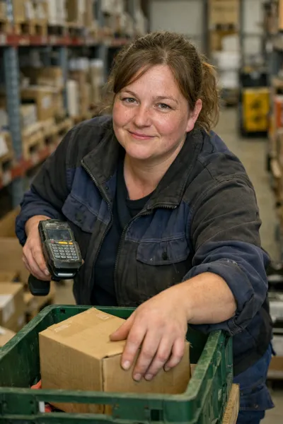 Skilled female warehouse worker in professional workwear, handling inventory management tasks.