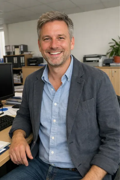Male financial controller reviewing performance metrics and budgeting reports on a laptop.