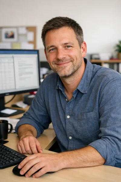Male financial controller reviewing performance metrics and budgeting reports on a laptop.