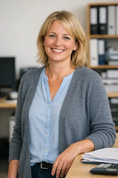 Professional female senior accountant working on complex financial statements in a bright office.