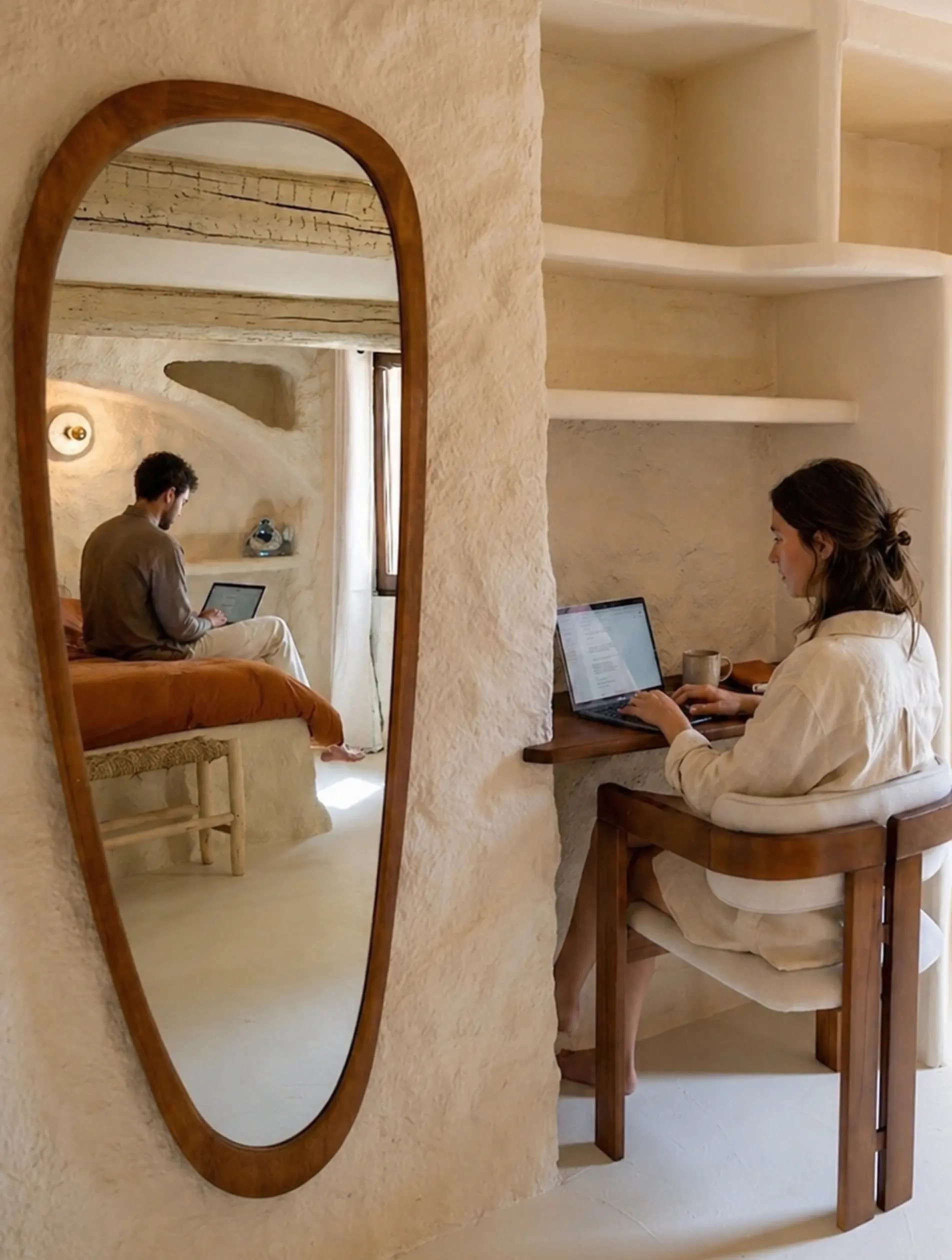 Une femme travaille sur un ordinateur portable à un bureau intégré dans un mur texturé, un homme est assis sur un lit reflété dans un grand miroir mural à cadre en bois.