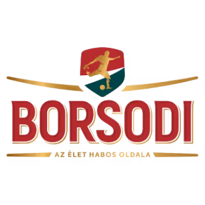Borsodi logo with a stylized deer jumping over a green and red shield and gold horizontal lines above and below the text.
