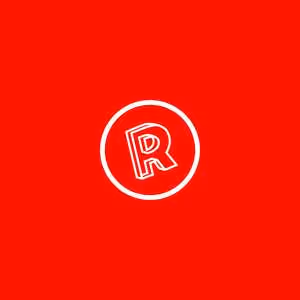 White stylized letter R inside a circle on a red background.