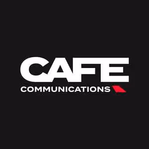 CAFE Communications logo with white text and a small red trapezoid on black background.