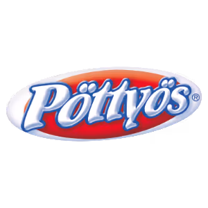 Pöttyös brand logo with white and blue text on a red oval background.