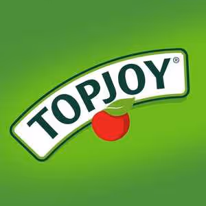 TopJoy brand logo with stylized text and a red apple graphic on a green gradient background.