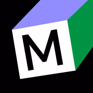 Logo with a bold black letter M on a white cube, with purple and green sides, on a black background.