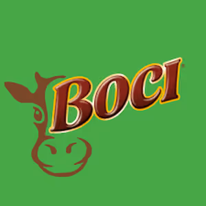 Green background with a stylized brown cow face and the word 'BOCI' in bold, brown and yellow letters.