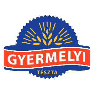 Gyermelyi Tészta red and blue logo with wheat ears