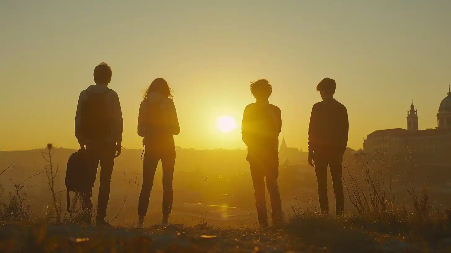 Silhouettes of four people standing on a hill watching the sunset over a distant cityscape.