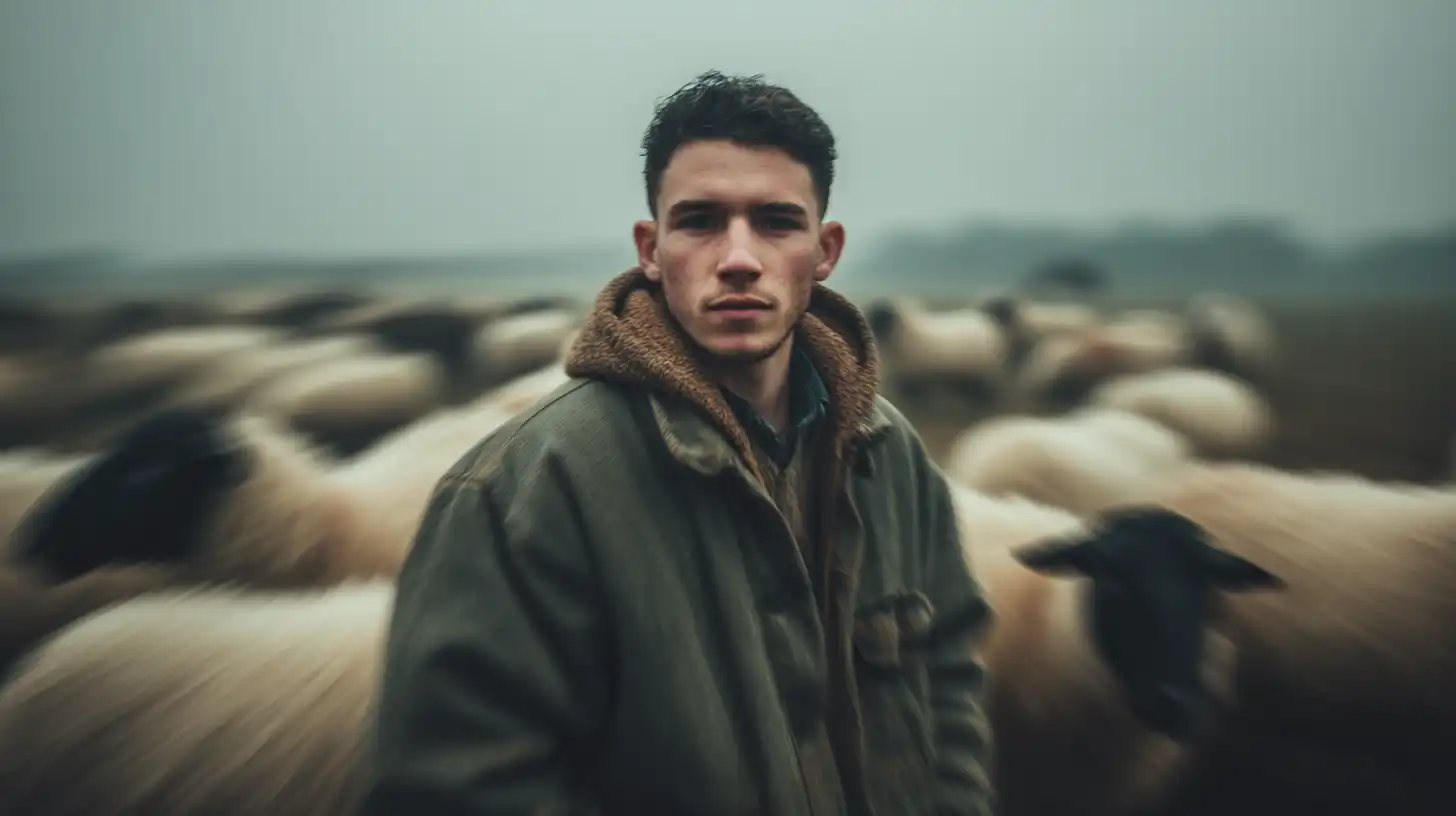 Young man wearing a green jacket with a shearling collar standing outdoors among a blurred flock of sheep.