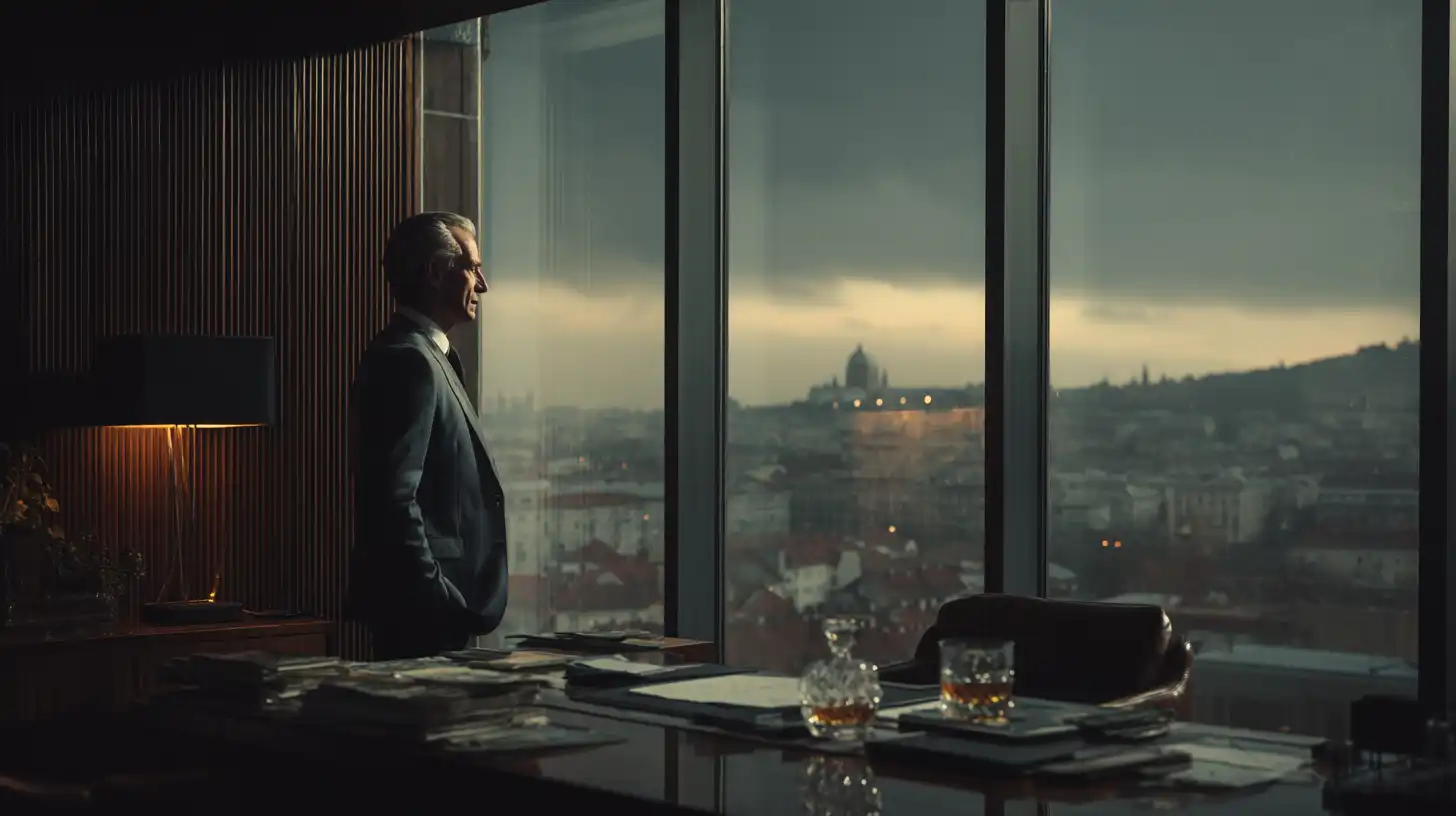 Man in suit standing with hands in pockets looking out a large office window at a cityscape under dark cloudy sky.