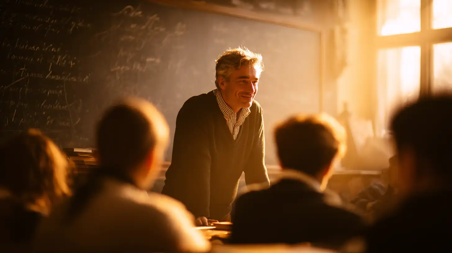 Male teacher smiling and leaning on a desk while engaging with students in a warmly lit classroom.