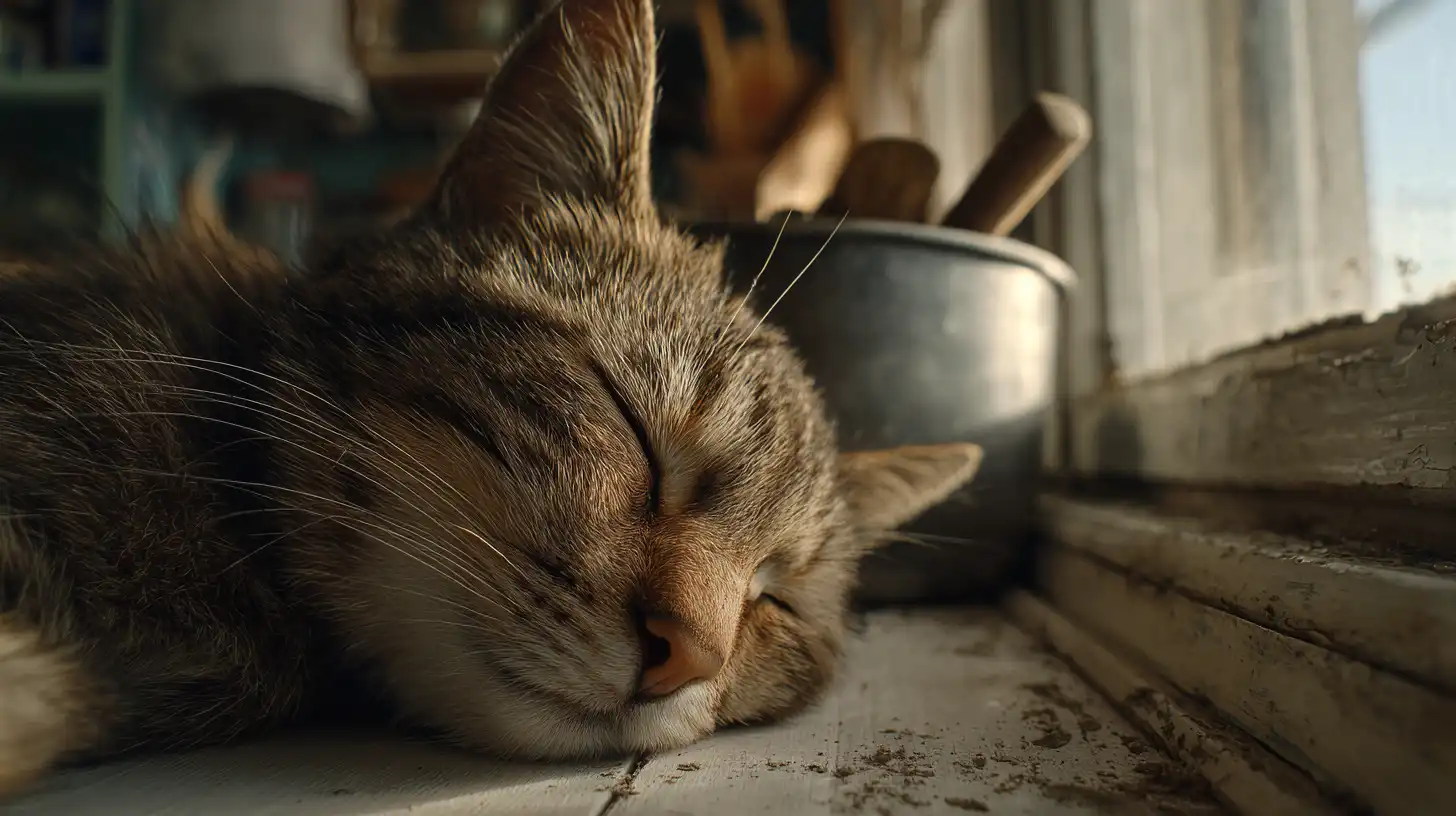 Close-up of a tabby cat peacefully sleeping on a wooden windowsill with a metal pot in the background.