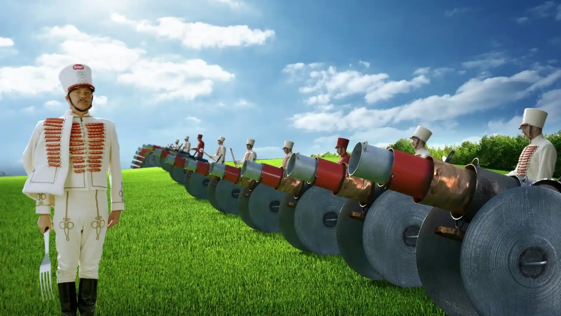 Man in white hussar uniform holding a fork, standing beside a row of hussars with strange canons on a green field under a blue sky.