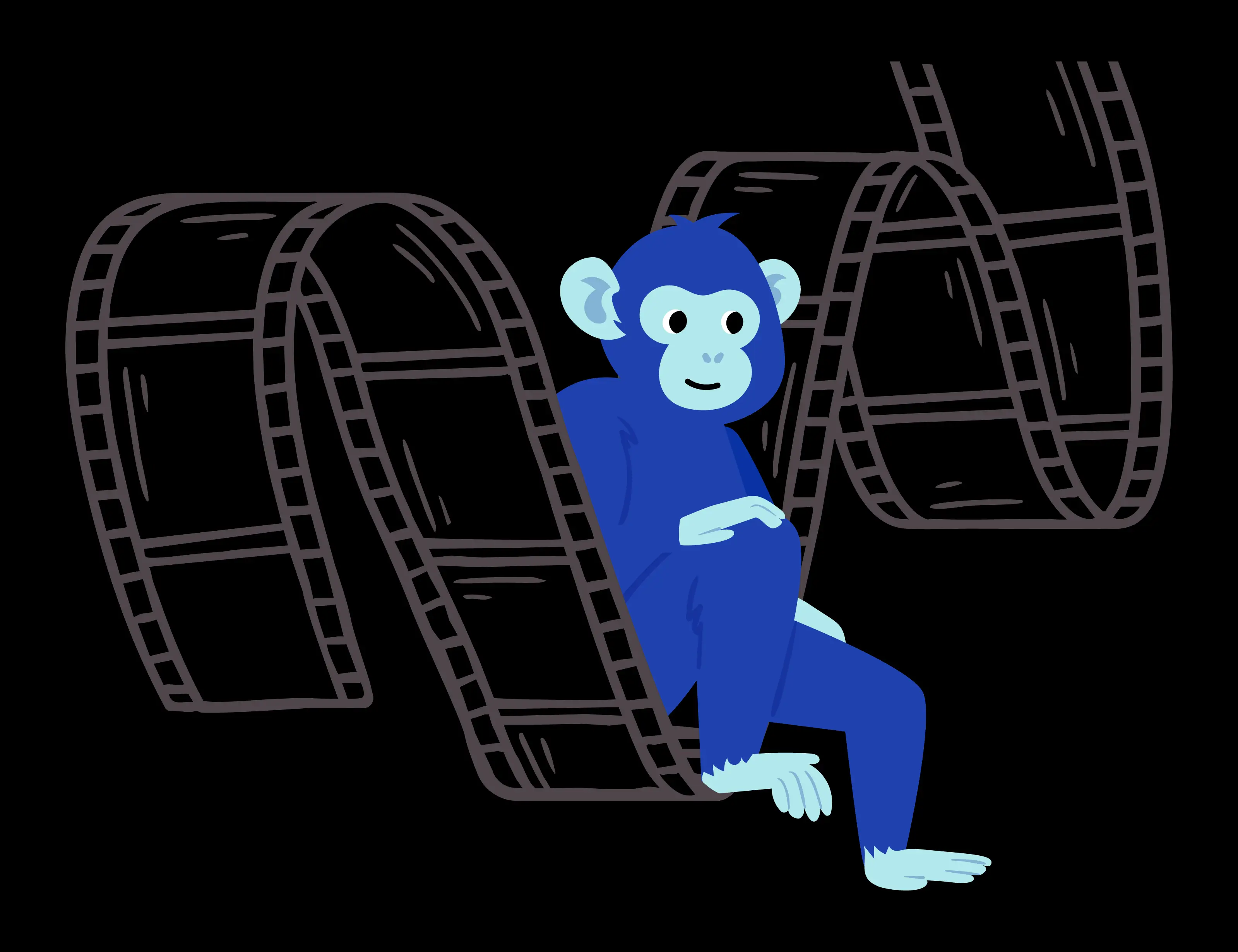 Blue cartoon monkey sitting inside a looping strip of film against a black background.