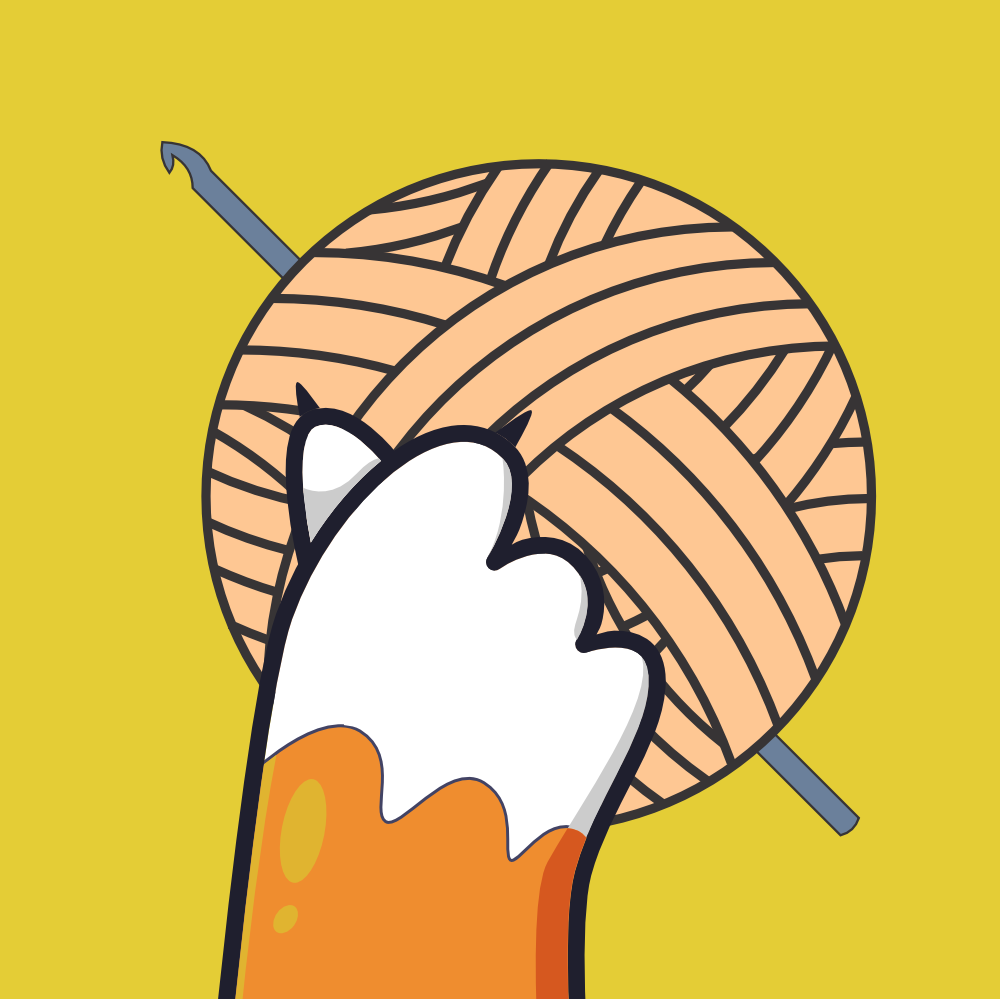 An illustrated kitten's paw touching a ball of string