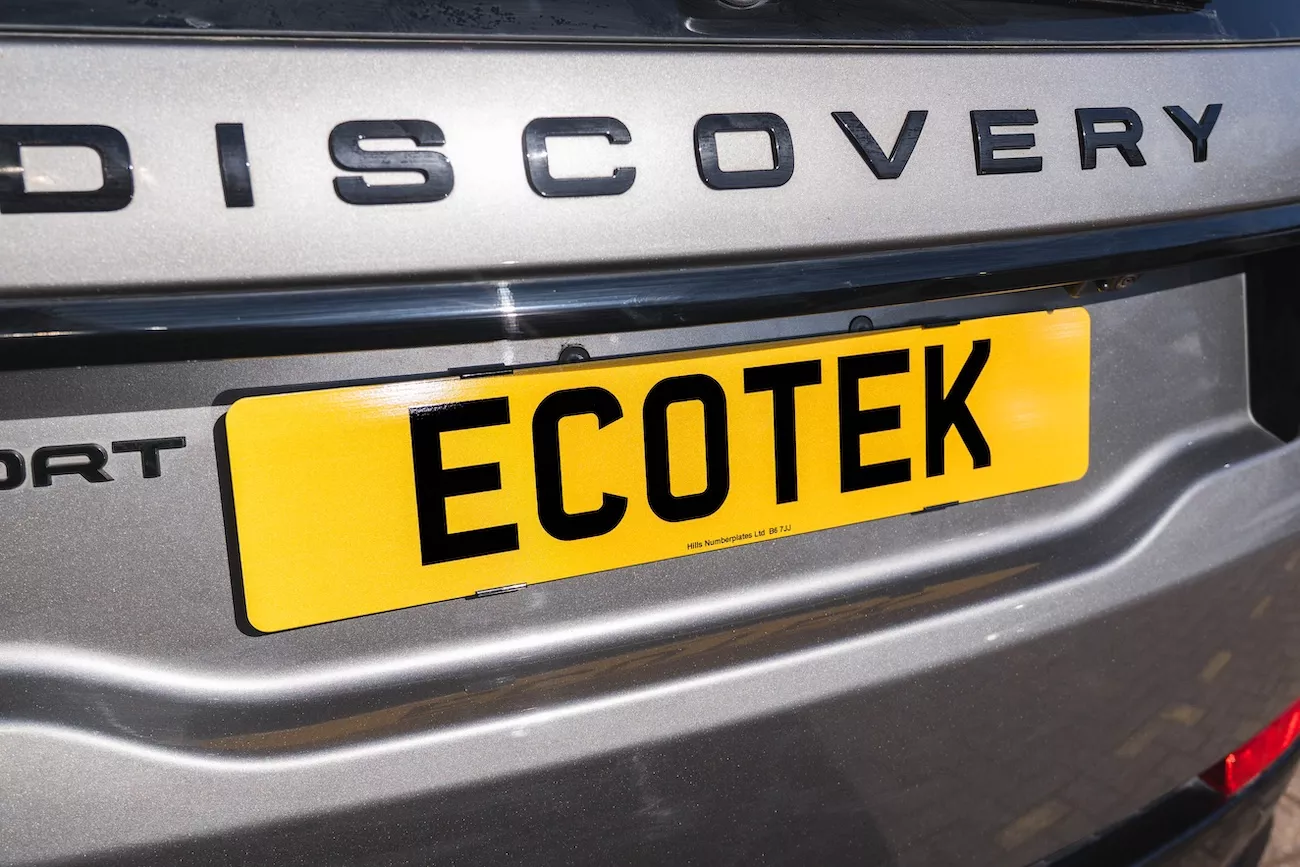 Ecotek number plate fitted to a Land Rover Discovery Sport, supplied by uGroup UK