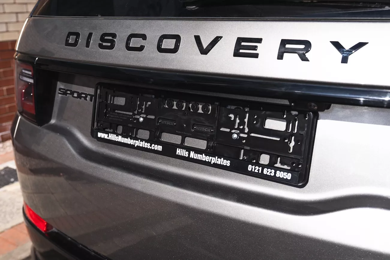 Hills Numberplates branded number plate holder fitted to the rear of a Land Rover Discovery Sport.