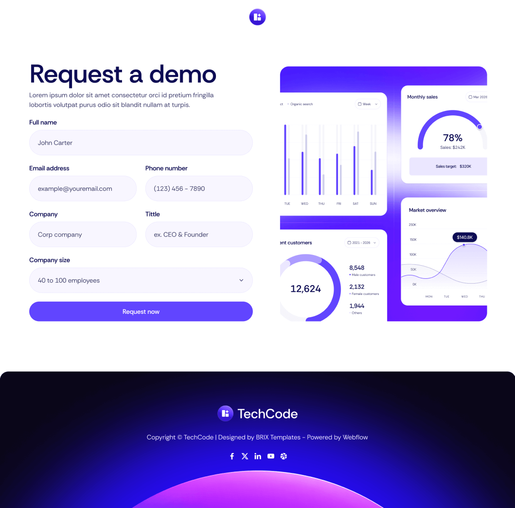 TechCode - Request A Demo Utility Page - Saasfy SaaS Webflow Template | Brix Template