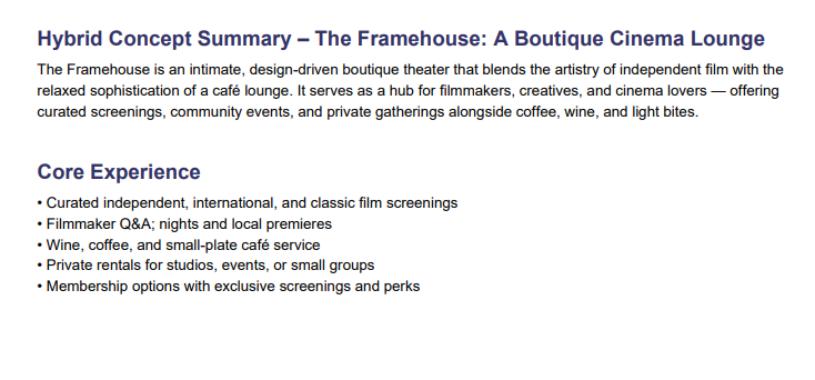 Original early development notes for The Framehouse, an early working identity for The Celluloid Lounge.