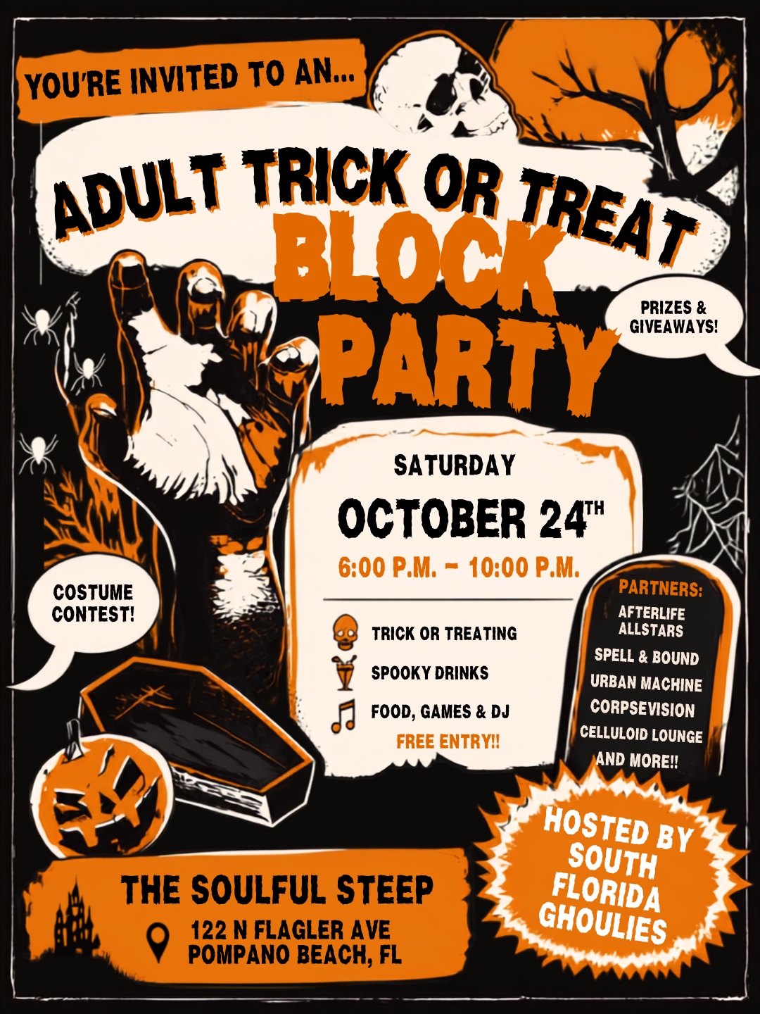 Adult Trick-or-Treat Block Party official flyer.