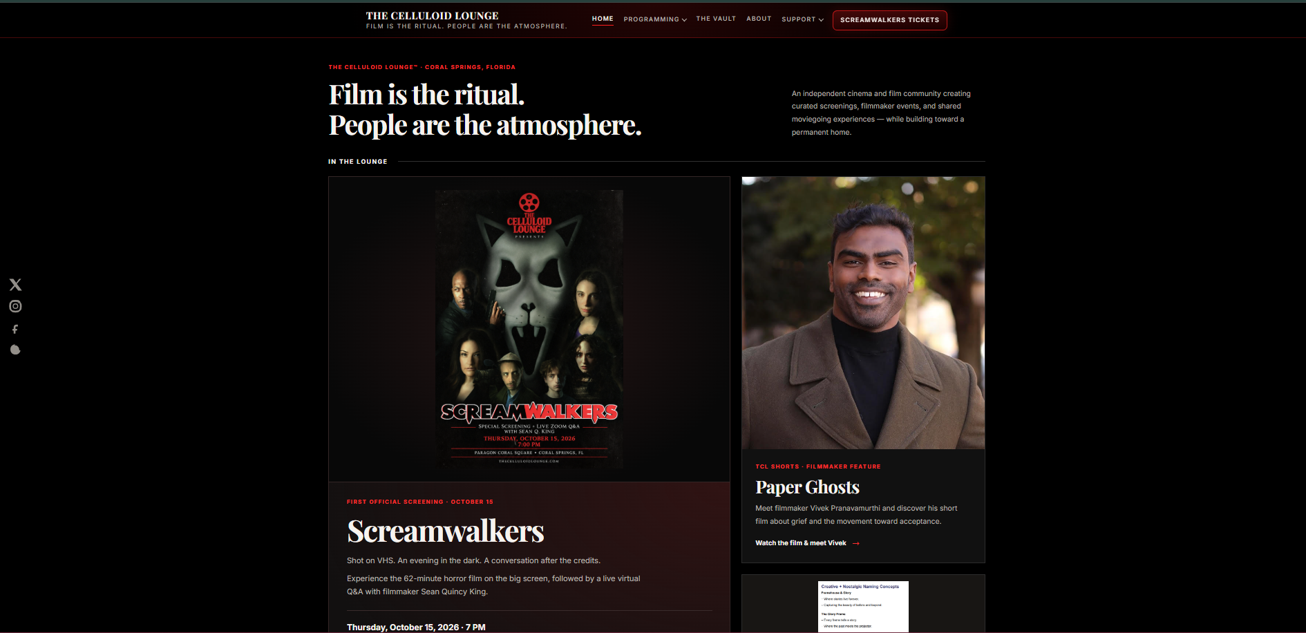 The redesigned Celluloid Lounge homepage featuring screenings, filmmaker spotlights, and The Vault.