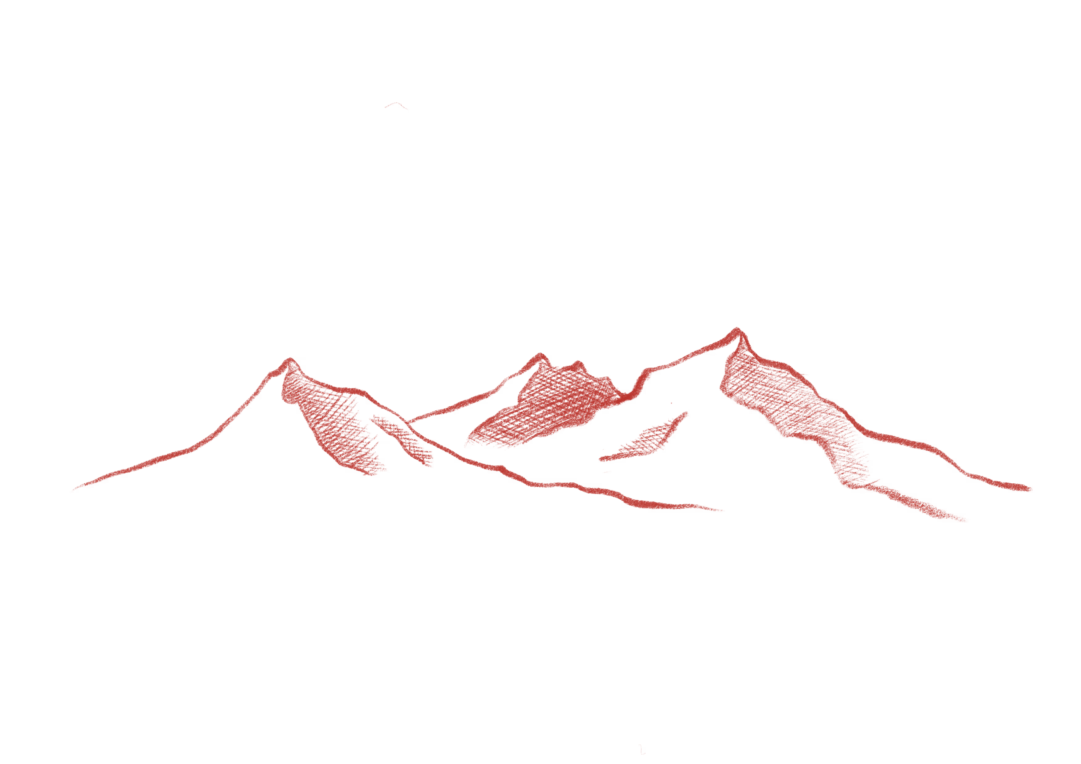 Minimalist illustration of a red mountain range with sharp peaks on a white background.