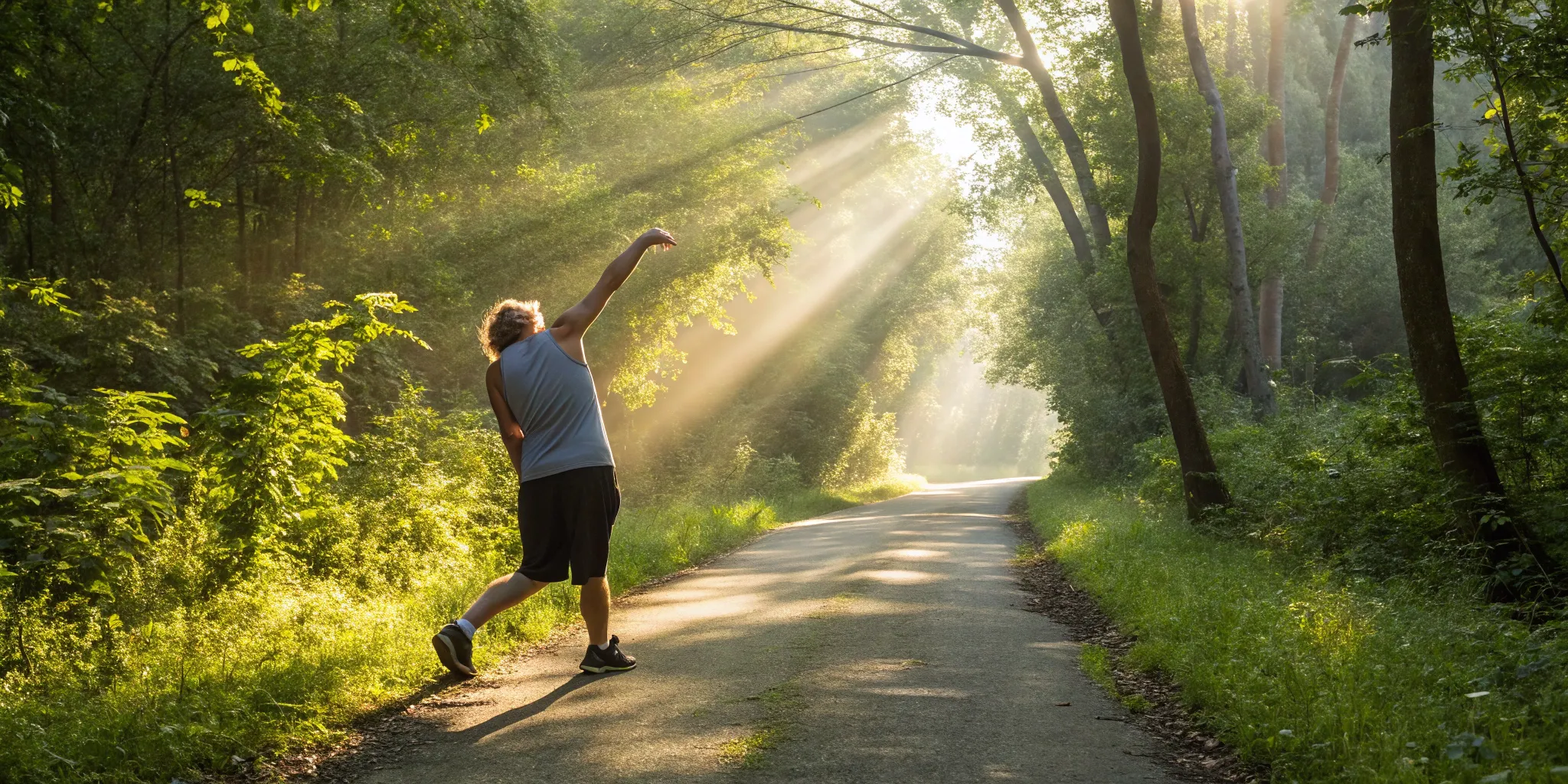Man stretching on a forest trail for faster exercise recovery after 40.