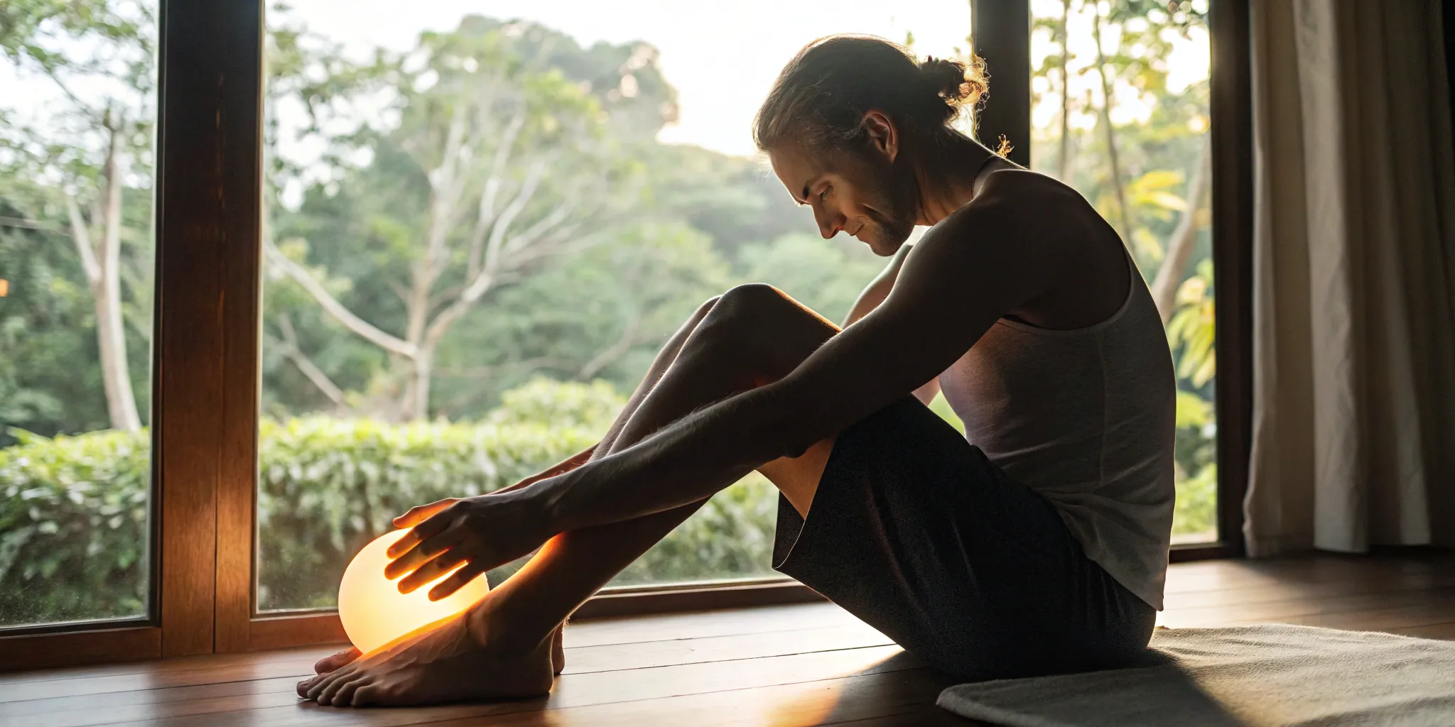Man using heat therapy for sore muscle relief after a workout.