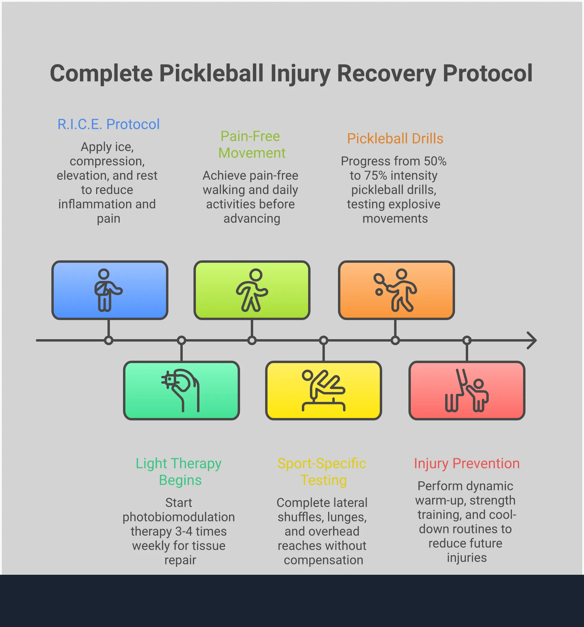Professional infographic showing complete pickleball injury recovery protocol with four main sections: immediate R.I.C.E. protocol with specific timing and compression guidelines, light therapy treatment schedule with wavelength specifications and session frequency, progressive return-to-play testing with weekly milestones and intensity percentages, and injury prevention exercise protocol with detailed warm-up sequences and strength training recommendations. Each section includes specific timeframes, measurements, and evidence-based statistics for optimal recovery outcomes.