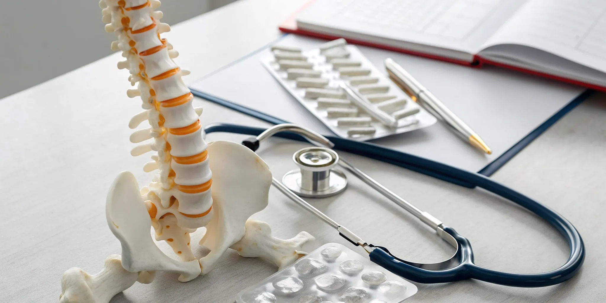 A spine model on a doctor's desk for diagnosing psoriatic arthritis and sciatica.