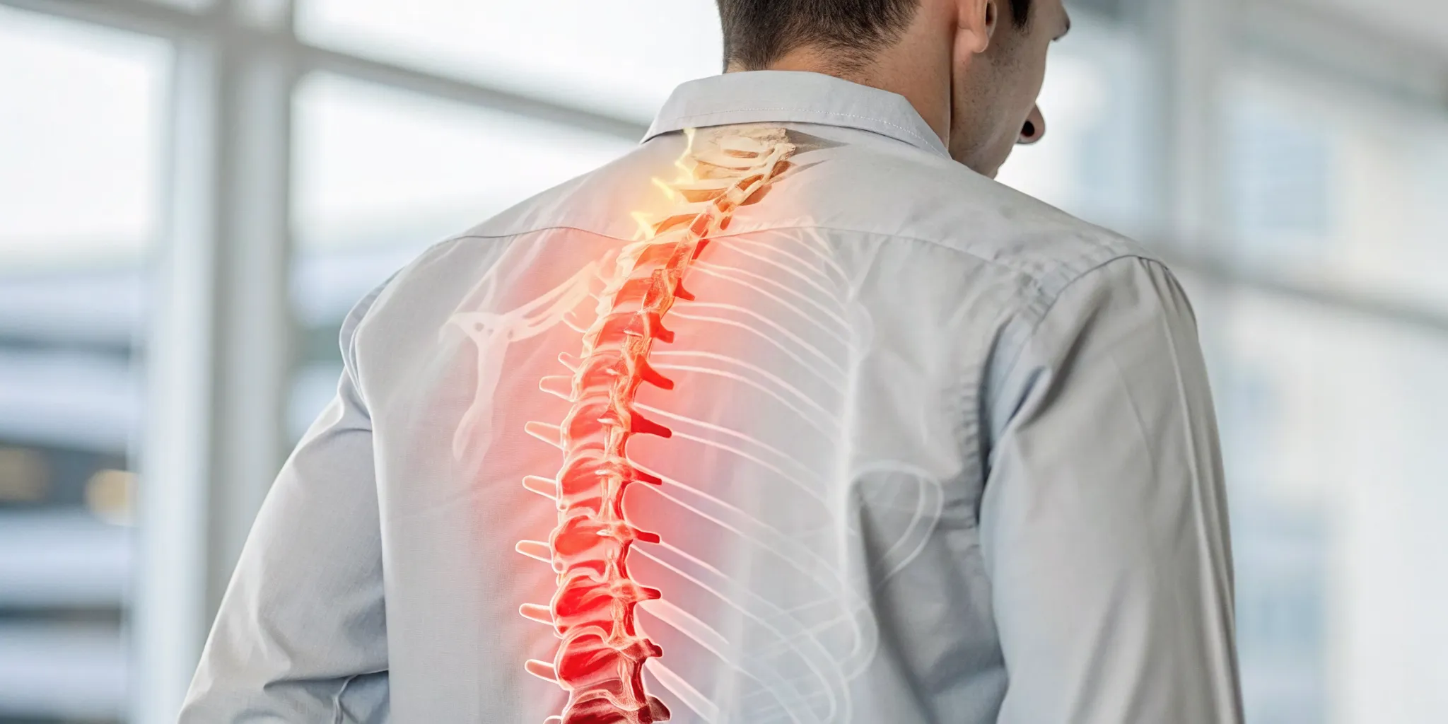 A man's thoracic spine highlighted to show symptoms of rheumatoid arthritis.