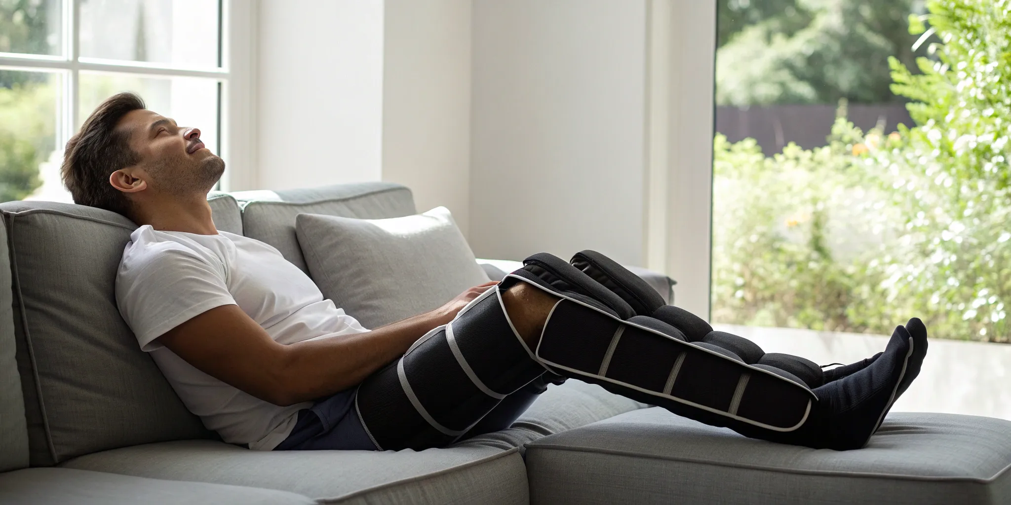 Person wearing Normatec 3 leg compression boots