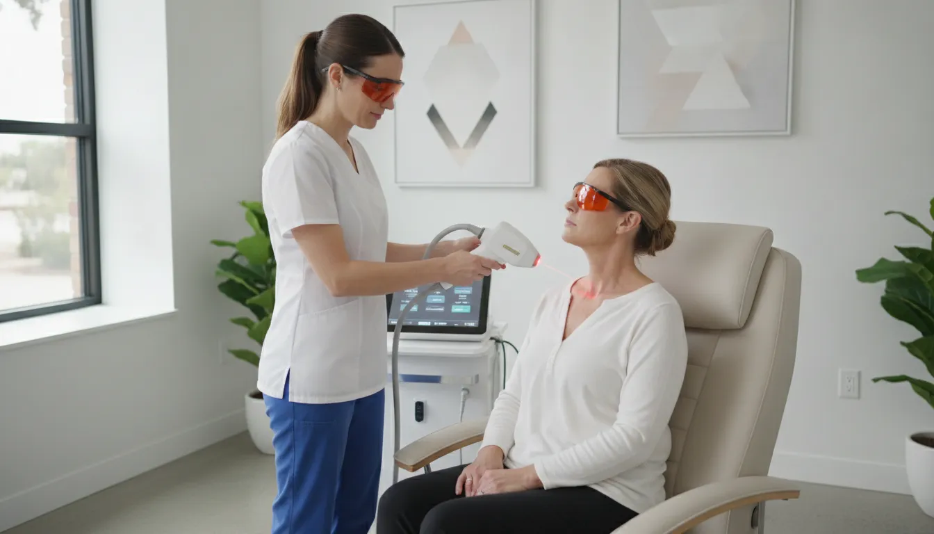 Patient receiving professional Class IV laser therapy treatment on their neck to relieve muscle pain