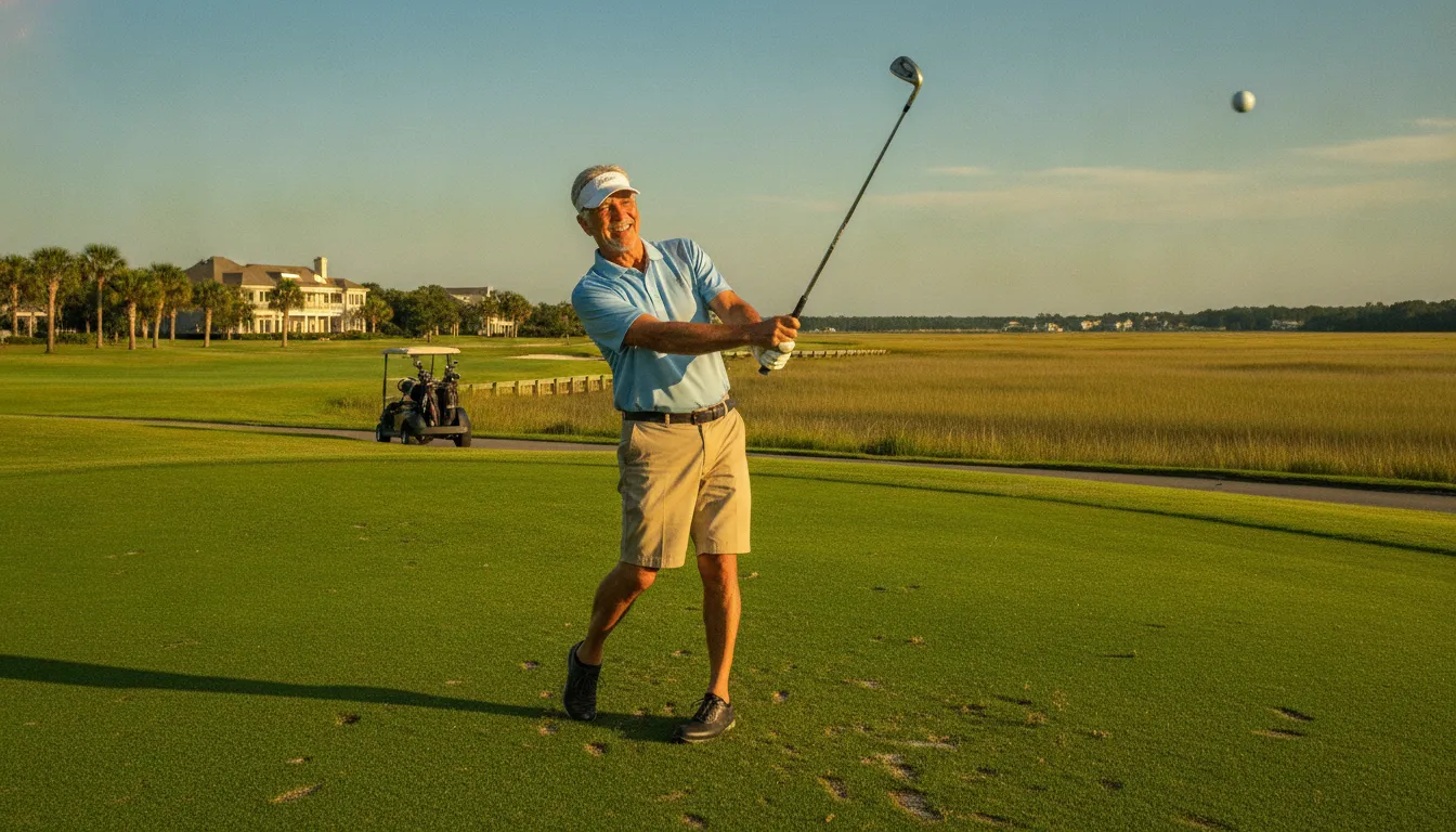 An active older adult smiling and enjoying a round of golf in Murrells Inlet, South Carolina