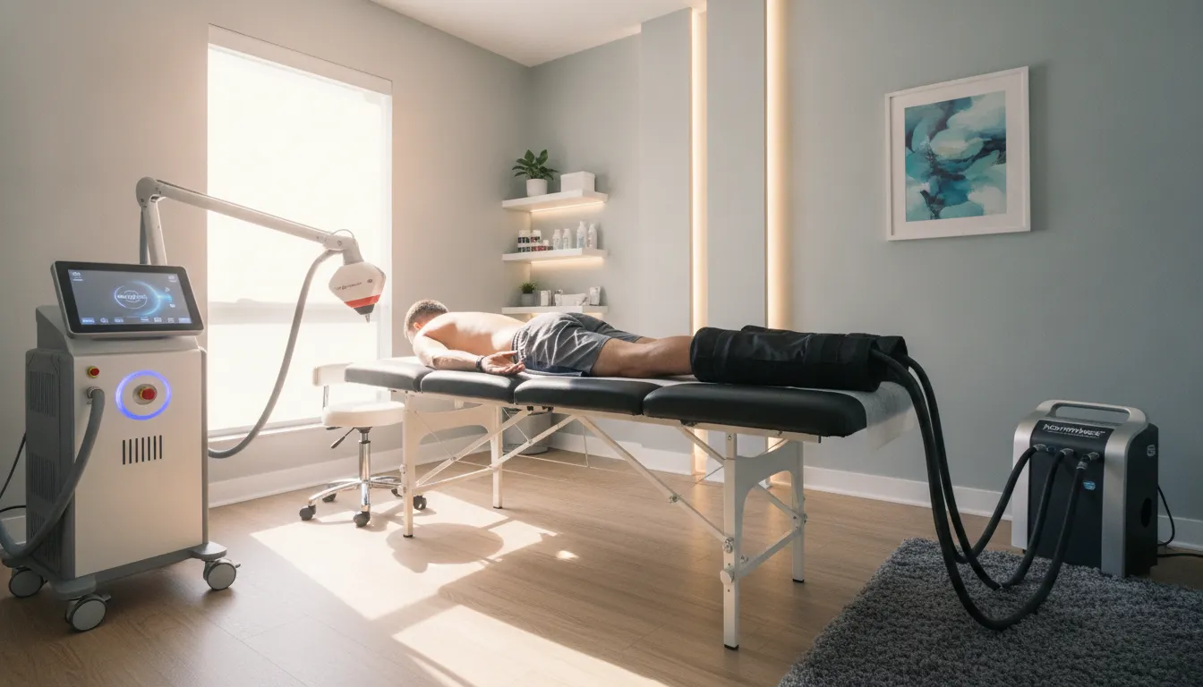 Person wearing Normatec 3 leg compression boots
