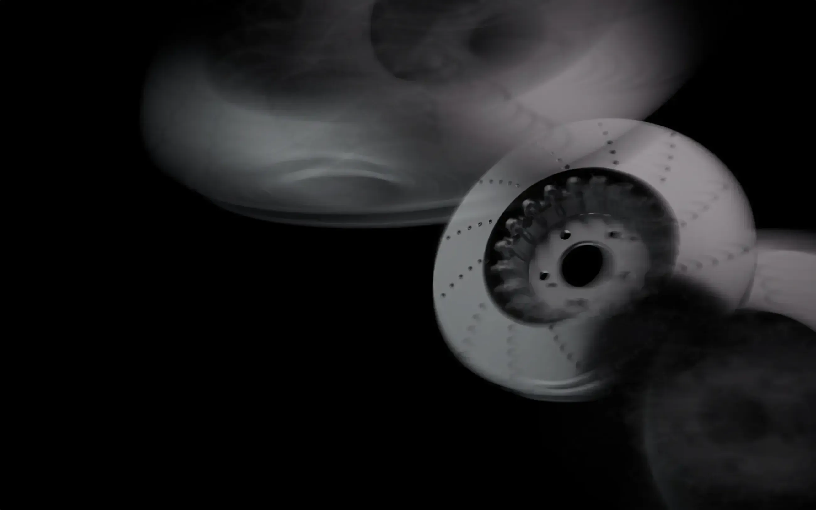 Black and white X-ray image showing a close-up of a human foot with a circular mechanical object resembling a brake disc inside.