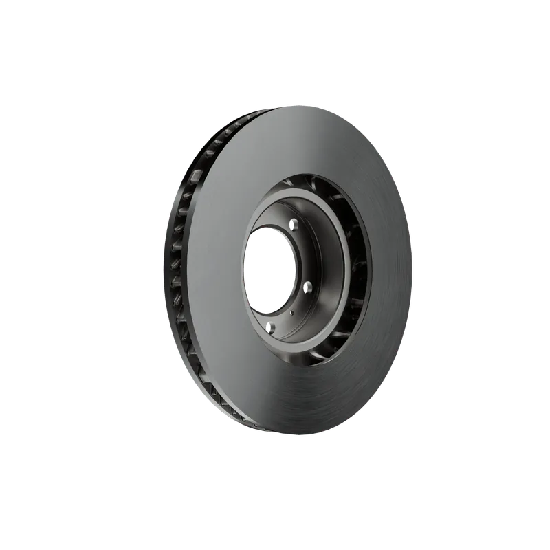 Close-up of a ventilated metallic brake disc rotor with mounting holes.