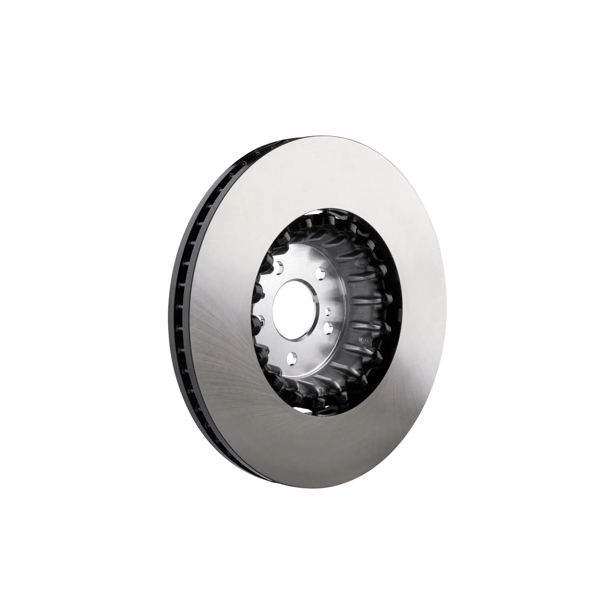 Silver ventilated car brake disc rotor with mounting holes and black cooling fins.